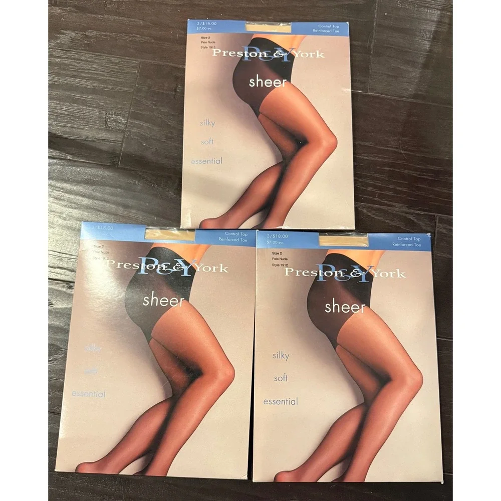Preston & York Womens Size 2 Pantyhose Pale Nude Sheer Control Top 3 Pack NEW